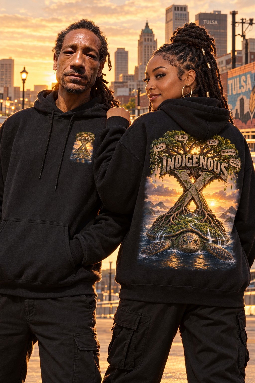 Supplied campaign image of two models wearing Indigenous X hoodies in Tulsa