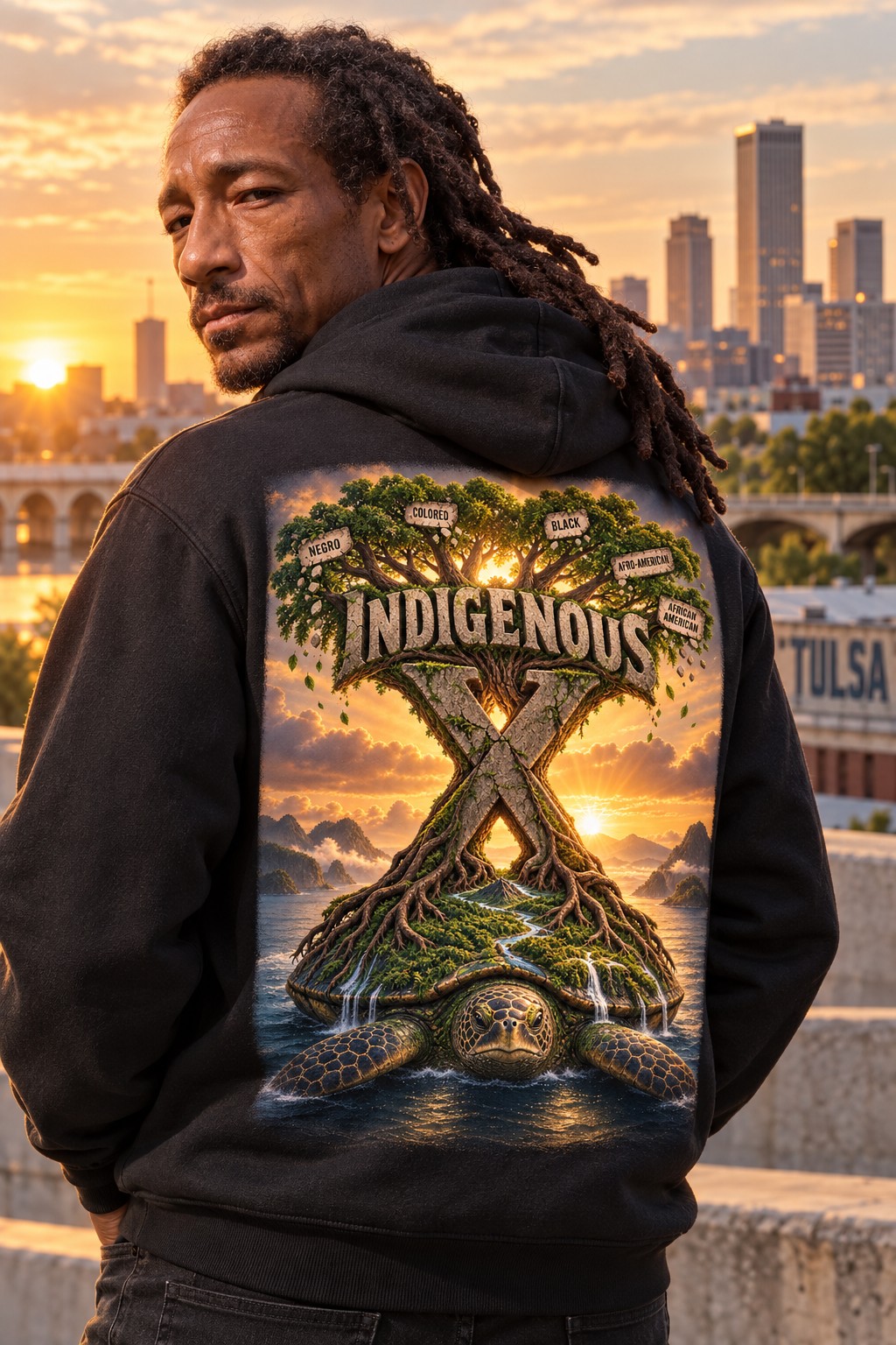Supplied campaign image showing the full-color World Tree hoodie back