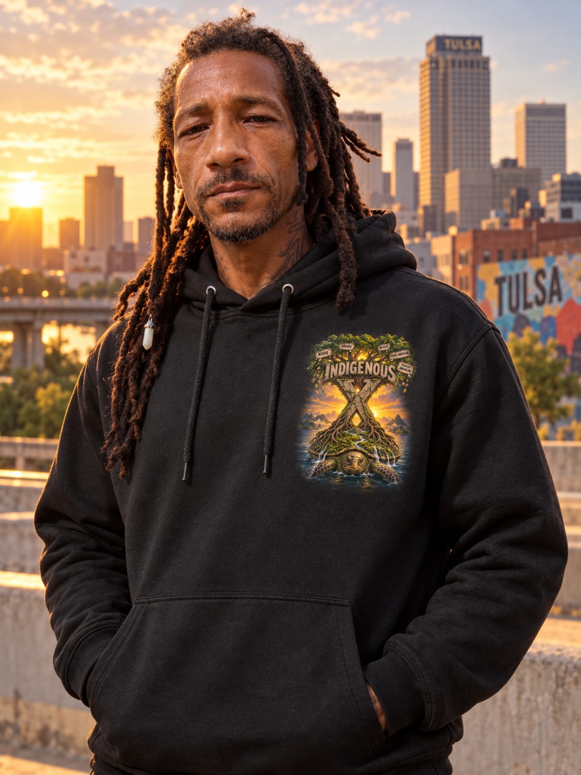 Supplied campaign image showing the small front artwork on an Indigenous X hoodie