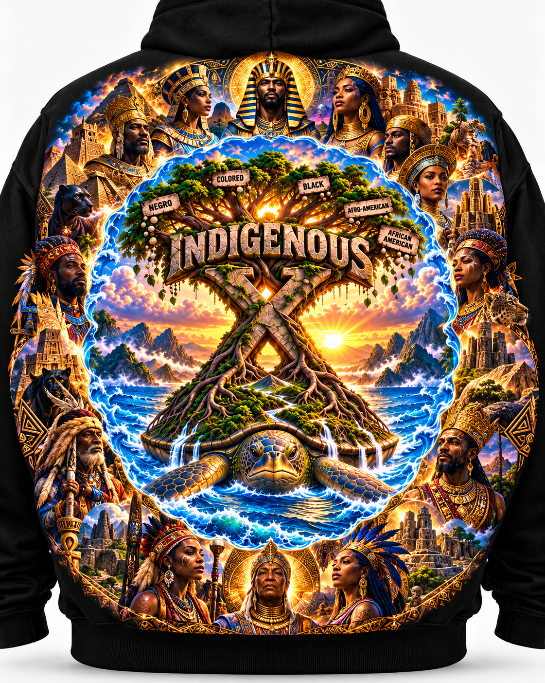 Supplied Indigenous X Ancestor design on a hoodie: ancestral figures surrounding the World Tree, rooted X, and turtle